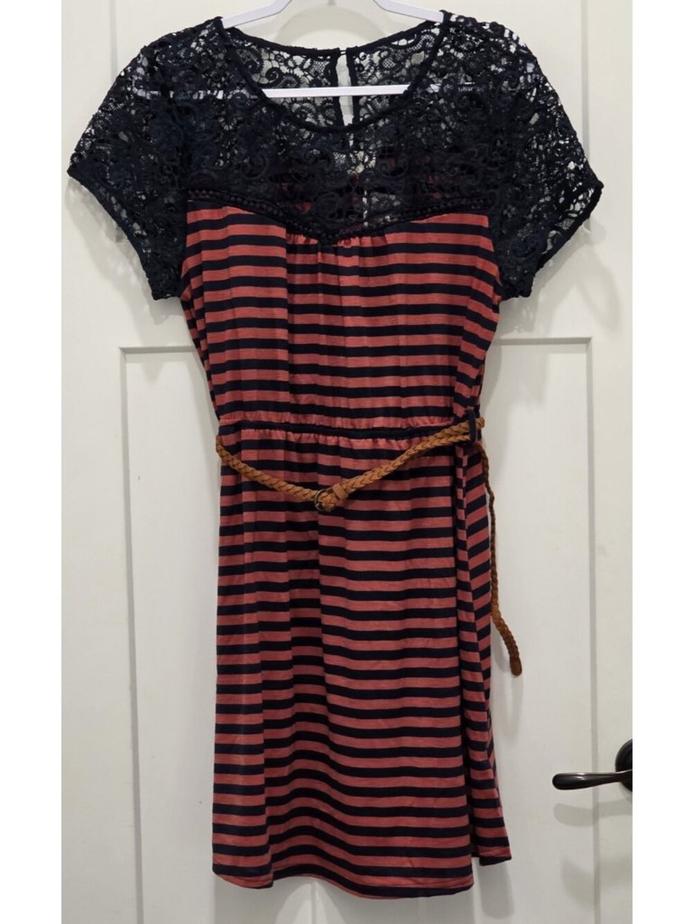 PERCH BY BLU-PEPPER Lace Yoke Blue Striped Belted Dress Cap Sleeves 3XL